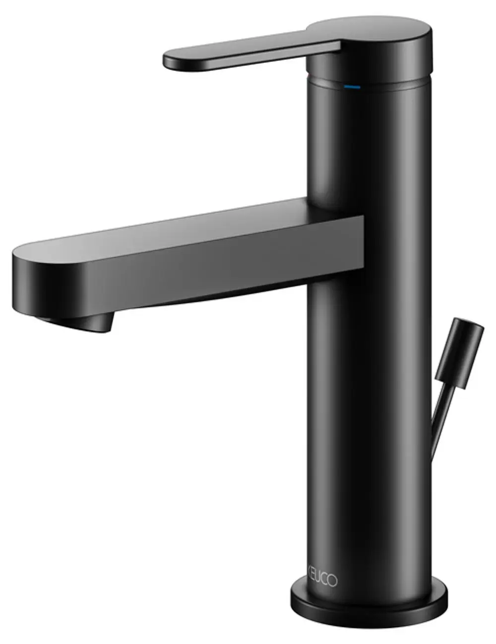 Schwarzer Einhebel-Wasserhahn von Keuco mit flachem Auslauf und seitlicher Betätigung für die Wasserzufuhr. Minimalistisches Design ohne sichtbare Verzierungen.